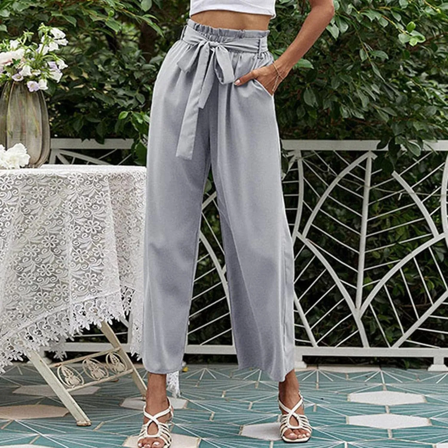 FZVYD Women's Summer Casual Pants Elastic Bow Tie High Waist Relaxed Fit Straight Wide Leg Business Trousers with Pockets