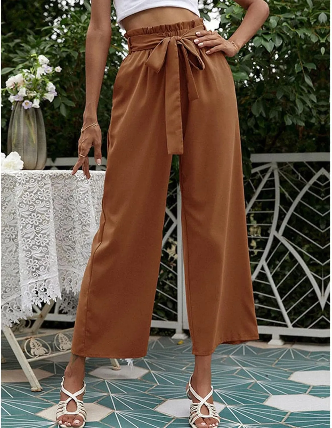 FZVYD Women's Summer Casual Pants Elastic Bow Tie High Waist Relaxed Fit Straight Wide Leg Business Trousers with Pockets