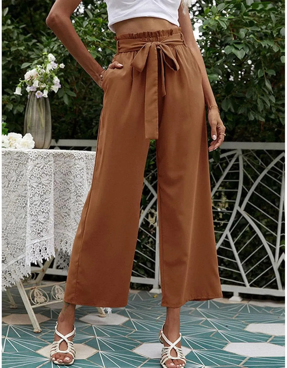 FZVYD Women's Summer Casual Pants Elastic Bow Tie High Waist Relaxed Fit Straight Wide Leg Business Trousers with Pockets
