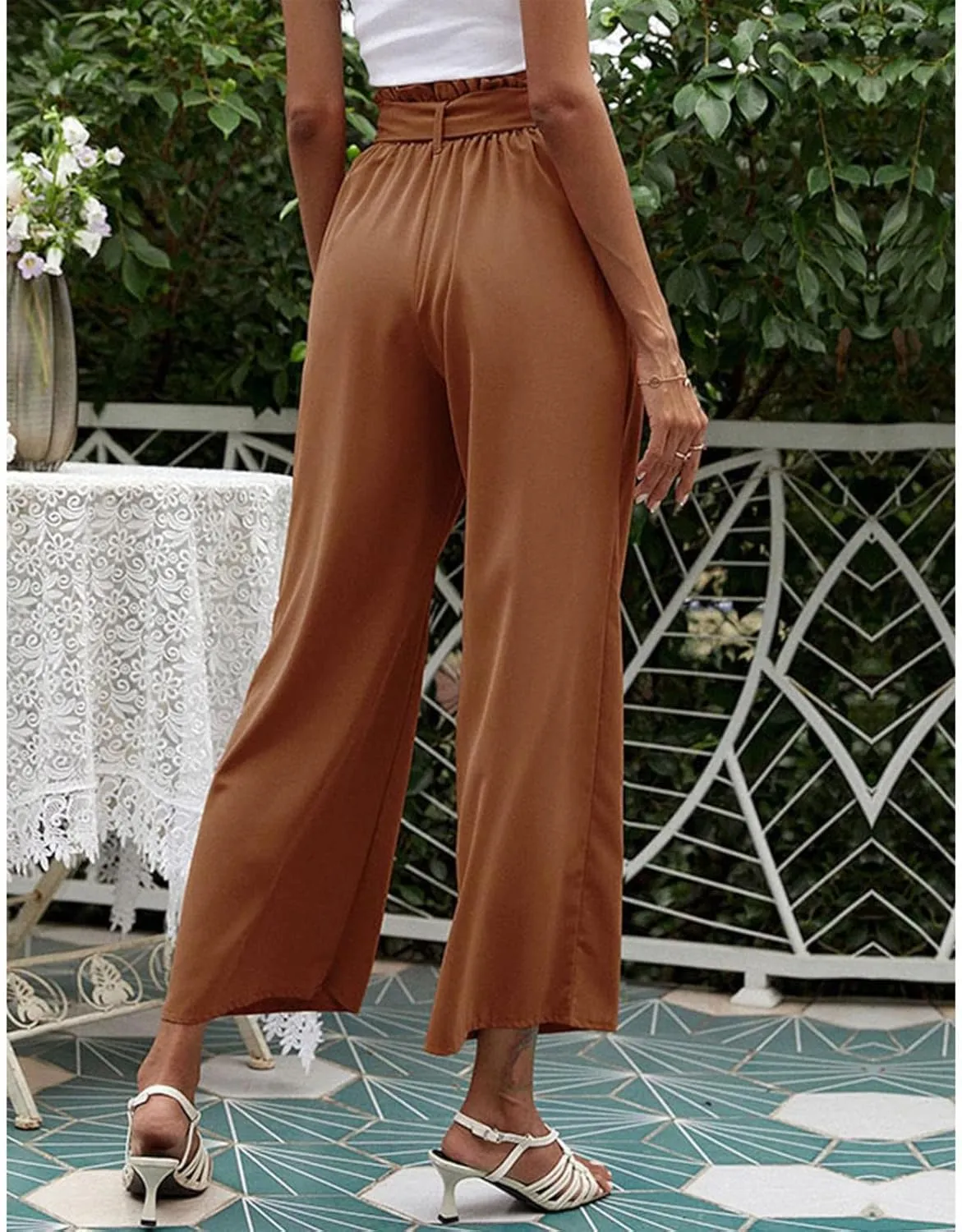 FZVYD Women's Summer Casual Pants Elastic Bow Tie High Waist Relaxed Fit Straight Wide Leg Business Trousers with Pockets