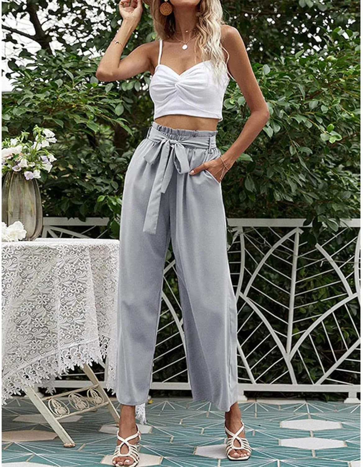 FZVYD Women's Summer Casual Pants Elastic Bow Tie High Waist Relaxed Fit Straight Wide Leg Business Trousers with Pockets