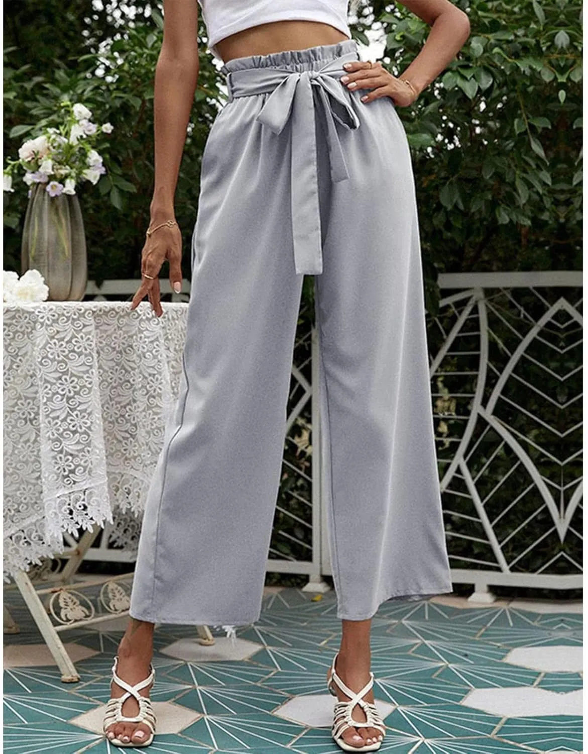 FZVYD Women's Summer Casual Pants Elastic Bow Tie High Waist Relaxed Fit Straight Wide Leg Business Trousers with Pockets