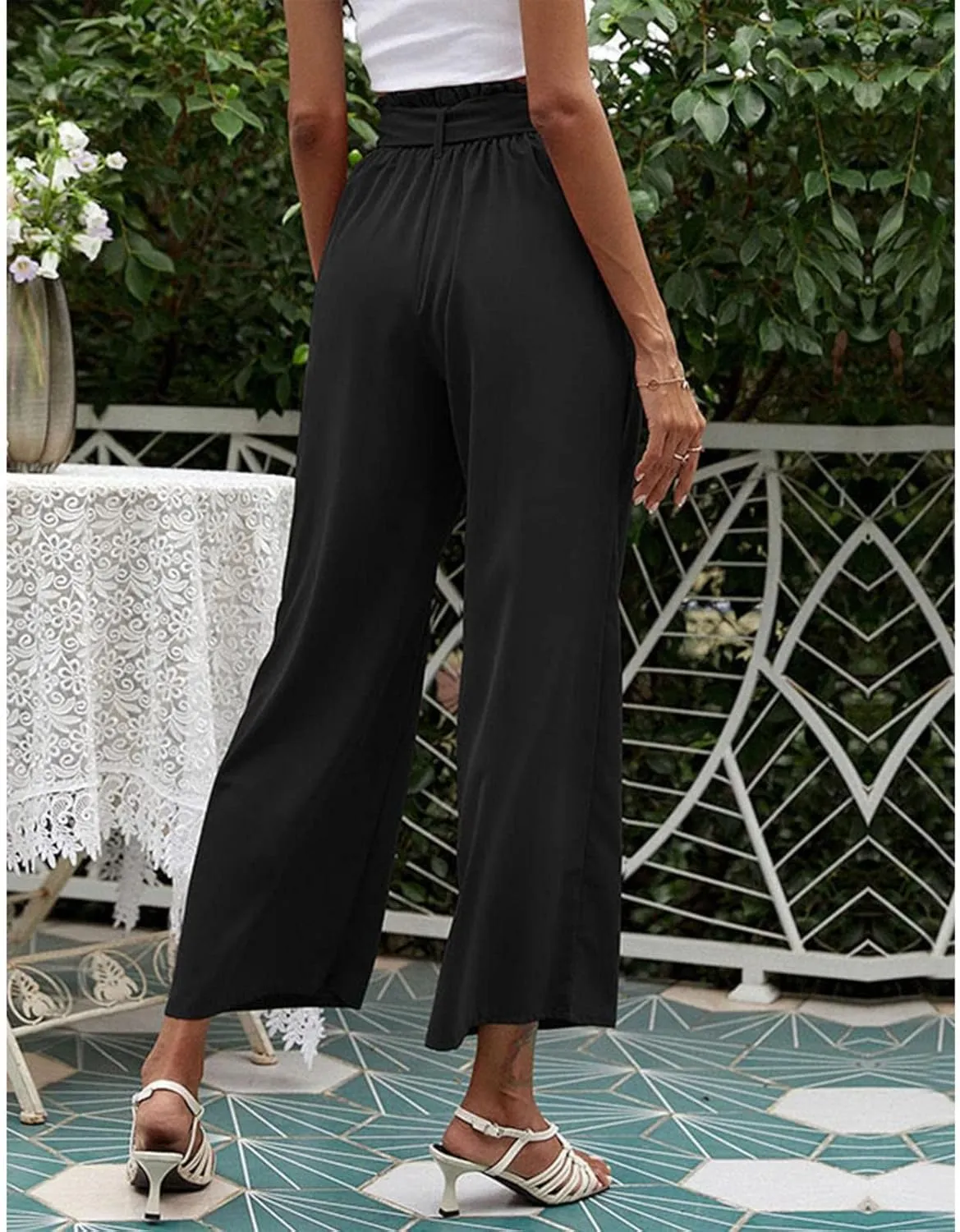 FZVYD Women's Summer Casual Pants Elastic Bow Tie High Waist Relaxed Fit Straight Wide Leg Business Trousers with Pockets
