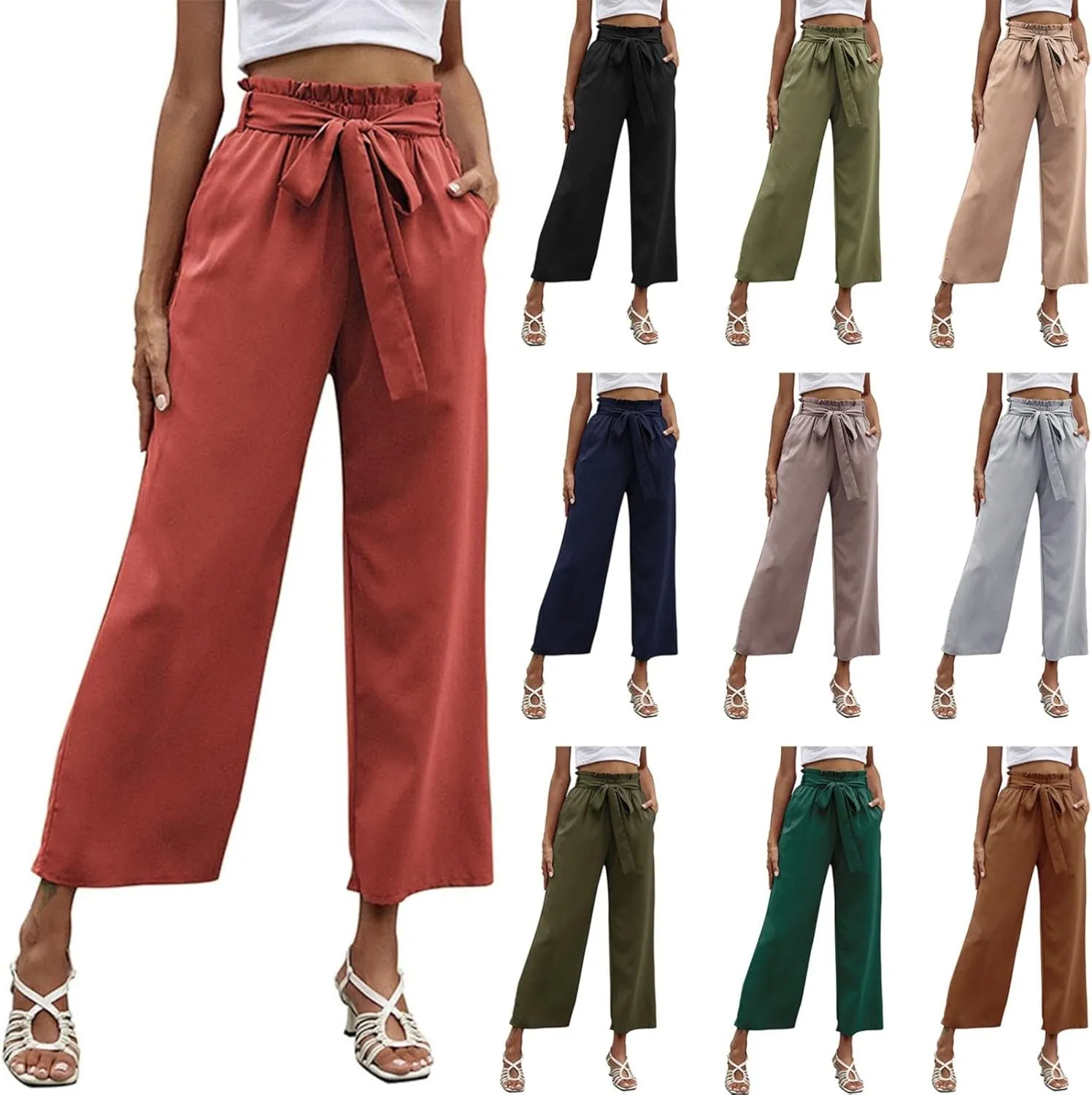 FZVYD Women's Summer Casual Pants Elastic Bow Tie High Waist Relaxed Fit Straight Wide Leg Business Trousers with Pockets