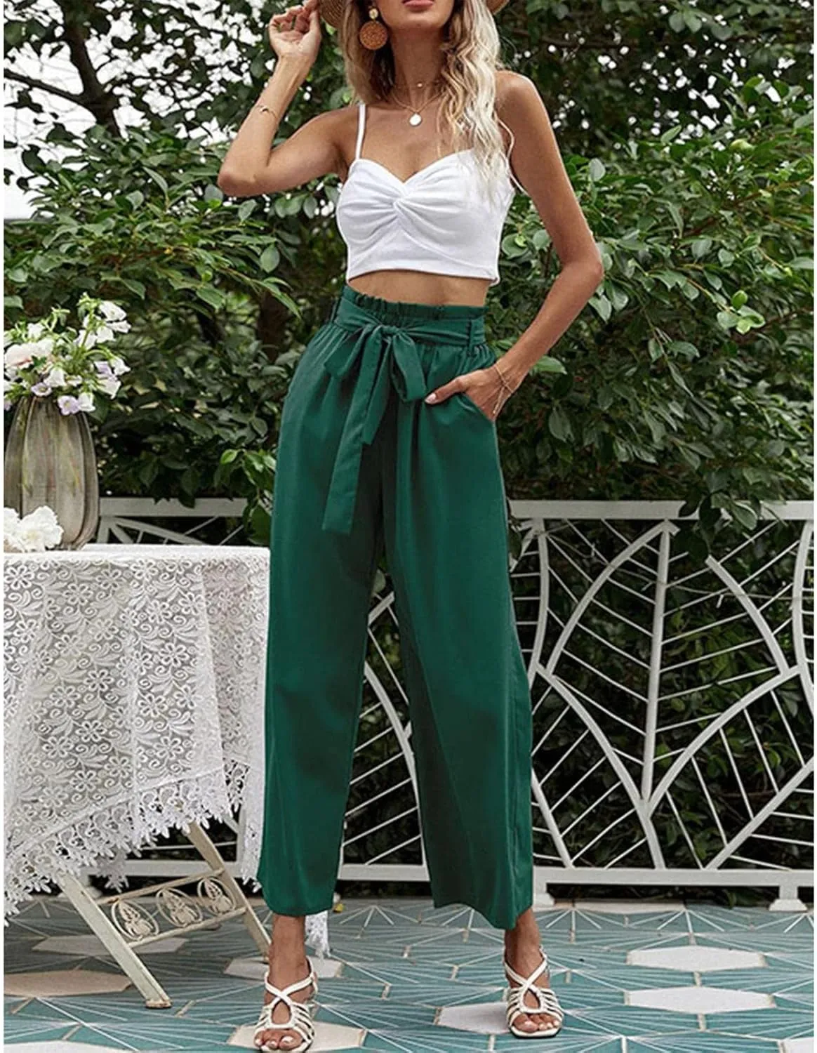 FZVYD Women's Summer Casual Pants Elastic Bow Tie High Waist Relaxed Fit Straight Wide Leg Business Trousers with Pockets