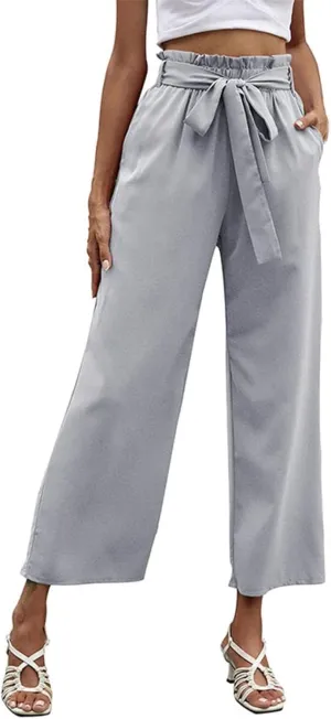 FZVYD Women's Summer Casual Pants Elastic Bow Tie High Waist Relaxed Fit Straight Wide Leg Business Trousers with Pockets