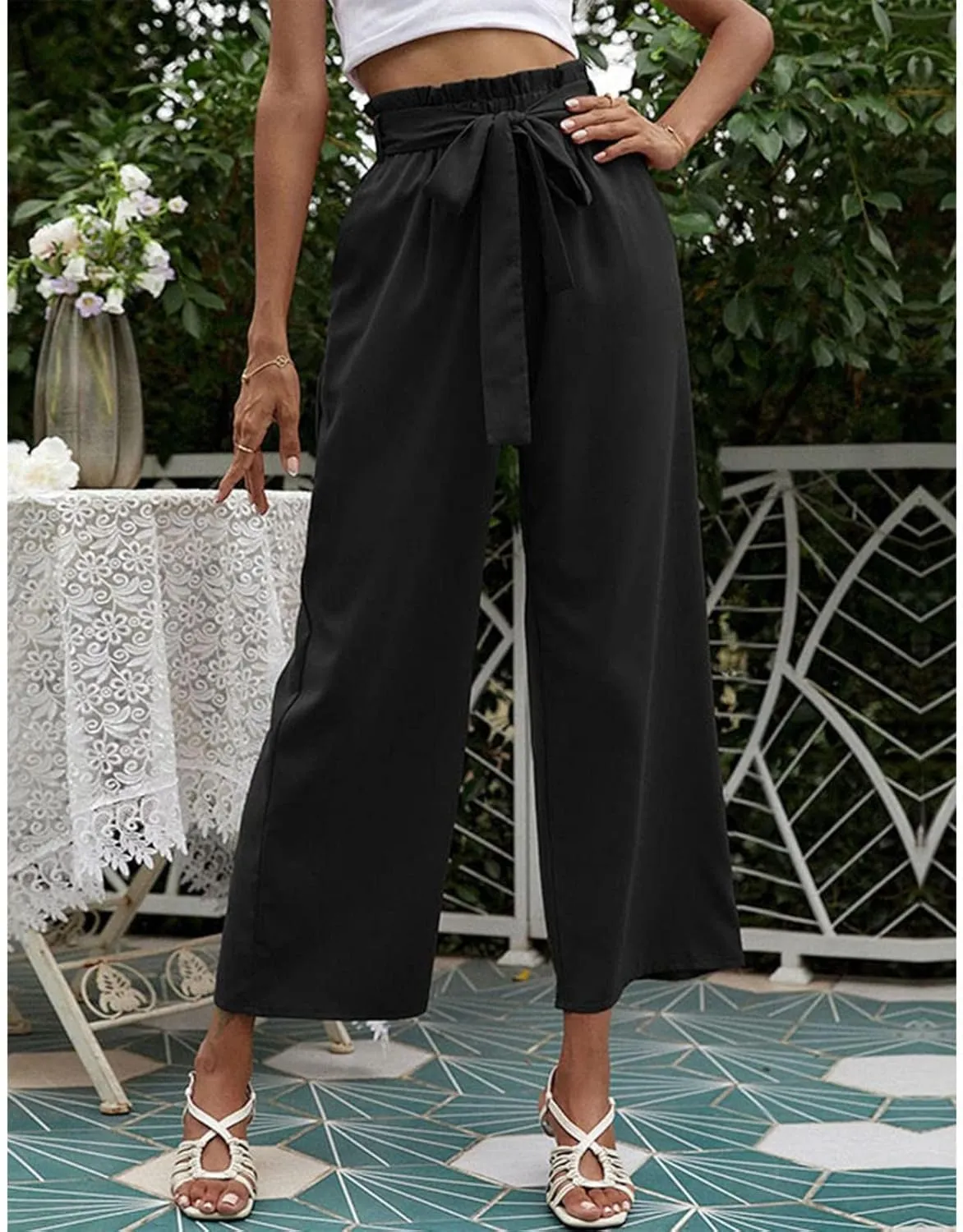 FZVYD Women's Summer Casual Pants Elastic Bow Tie High Waist Relaxed Fit Straight Wide Leg Business Trousers with Pockets