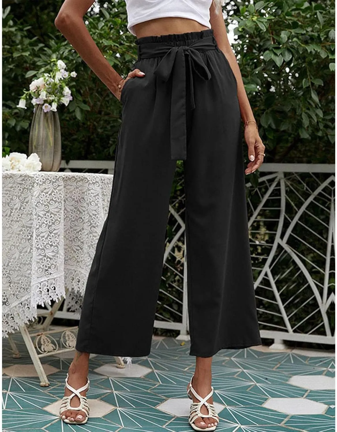 FZVYD Women's Summer Casual Pants Elastic Bow Tie High Waist Relaxed Fit Straight Wide Leg Business Trousers with Pockets