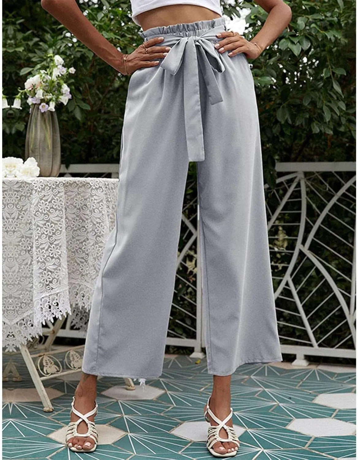 FZVYD Women's Summer Casual Pants Elastic Bow Tie High Waist Relaxed Fit Straight Wide Leg Business Trousers with Pockets