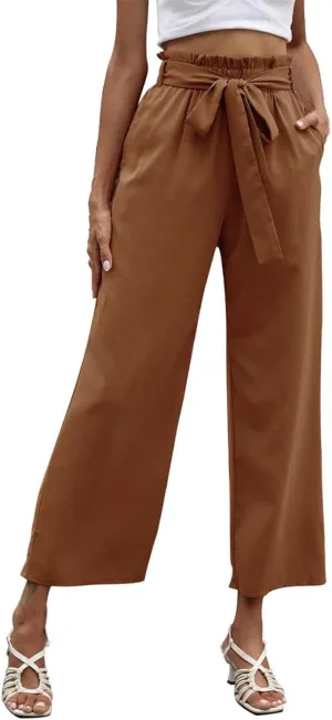 FZVYD Women's Summer Casual Pants Elastic Bow Tie High Waist Relaxed Fit Straight Wide Leg Business Trousers with Pockets