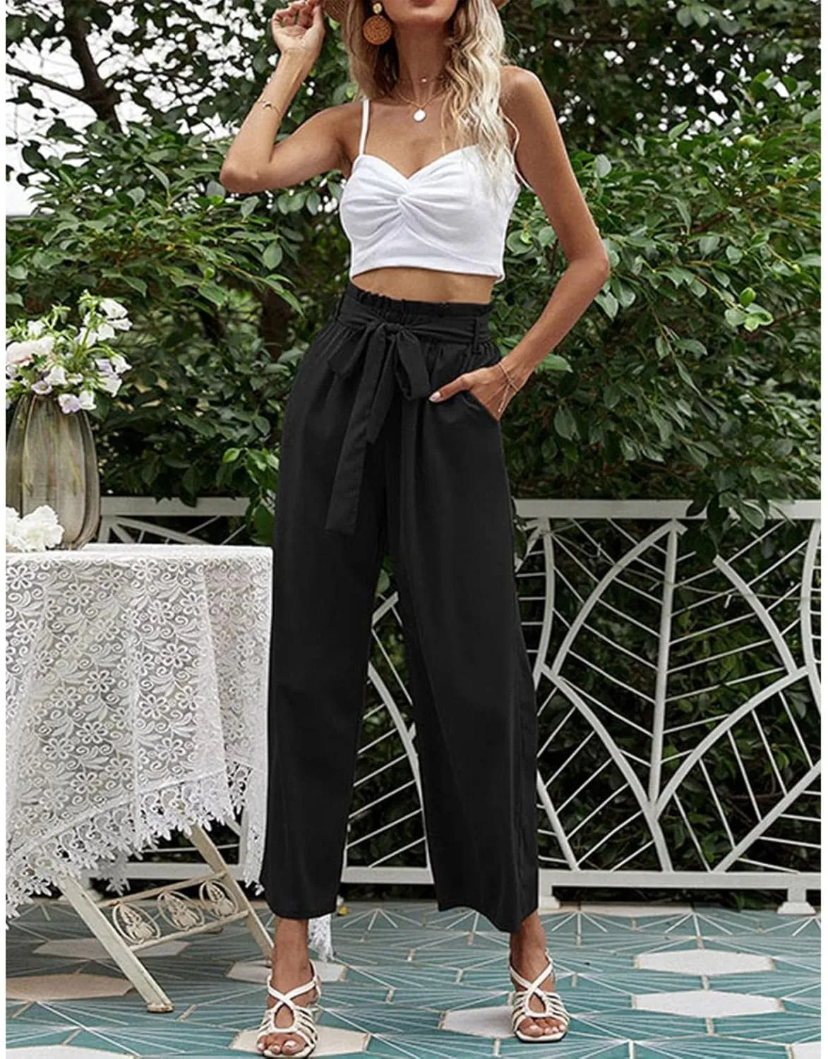 FZVYD Women's Summer Casual Pants Elastic Bow Tie High Waist Relaxed Fit Straight Wide Leg Business Trousers with Pockets