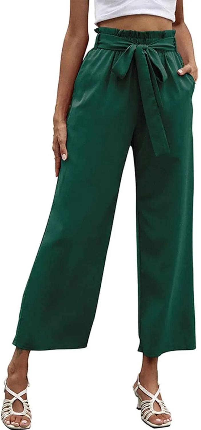 FZVYD Women's Summer Casual Pants Elastic Bow Tie High Waist Relaxed Fit Straight Wide Leg Business Trousers with Pockets