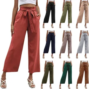 FZVYD Women's Summer Casual Pants Elastic Bow Tie High Waist Relaxed Fit Straight Wide Leg Business Trousers with Pockets