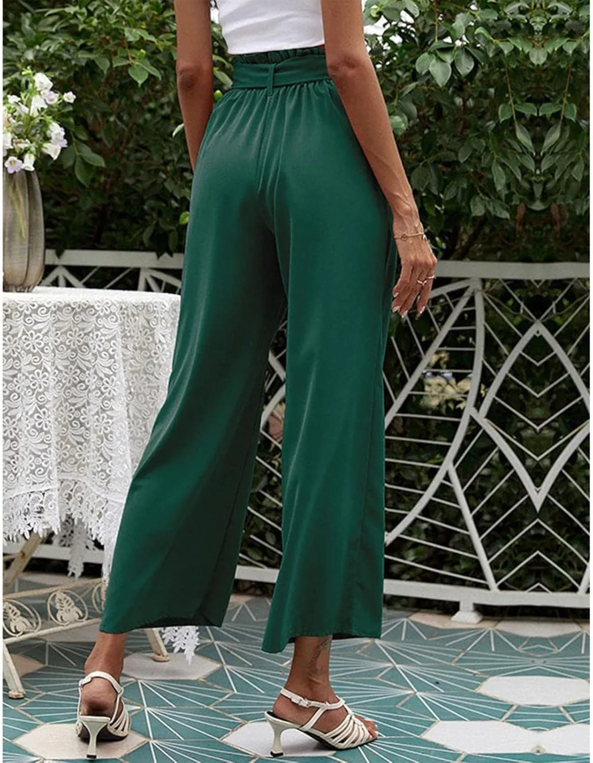 FZVYD Women's Summer Casual Pants Elastic Bow Tie High Waist Relaxed Fit Straight Wide Leg Business Trousers with Pockets