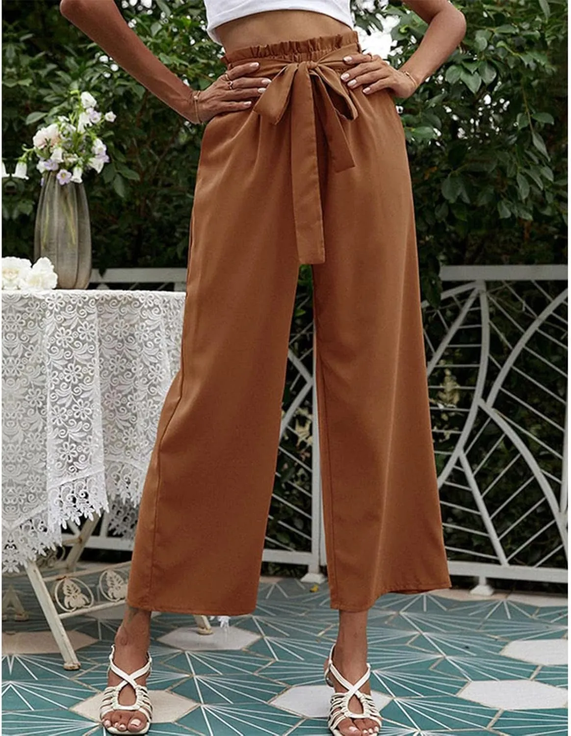 FZVYD Women's Summer Casual Pants Elastic Bow Tie High Waist Relaxed Fit Straight Wide Leg Business Trousers with Pockets