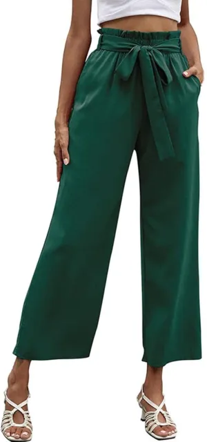 FZVYD Women's Summer Casual Pants Elastic Bow Tie High Waist Relaxed Fit Straight Wide Leg Business Trousers with Pockets