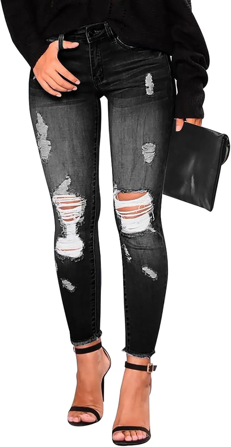 Gumipy Ripped Jeans Womens Skinny Distressed Stretchy Jeans Trendy Button Up High Waisted Jeans Curvy Jeans with Pockets