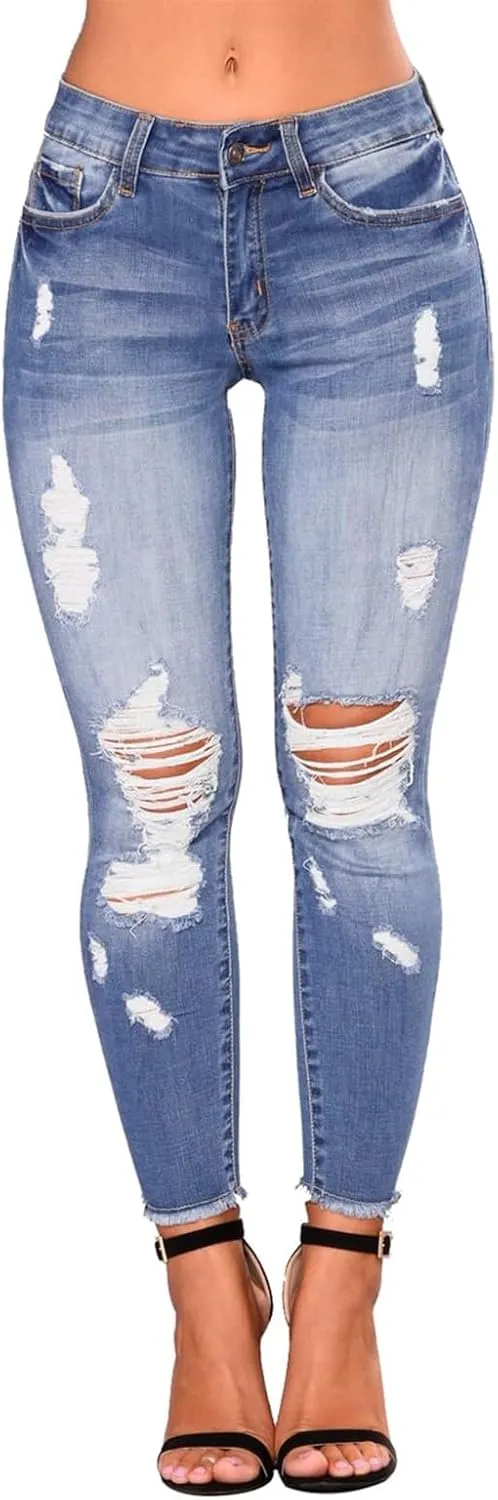 Gumipy Ripped Jeans Womens Skinny Distressed Stretchy Jeans Trendy Button Up High Waisted Jeans Curvy Jeans with Pockets