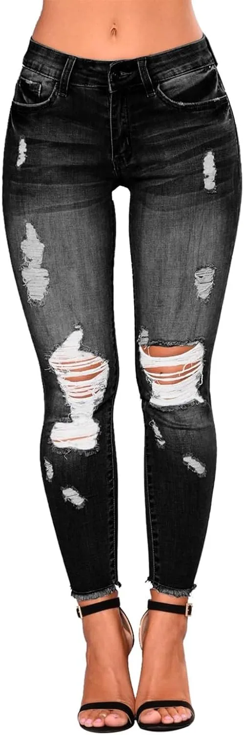 Gumipy Ripped Jeans Womens Skinny Distressed Stretchy Jeans Trendy Button Up High Waisted Jeans Curvy Jeans with Pockets