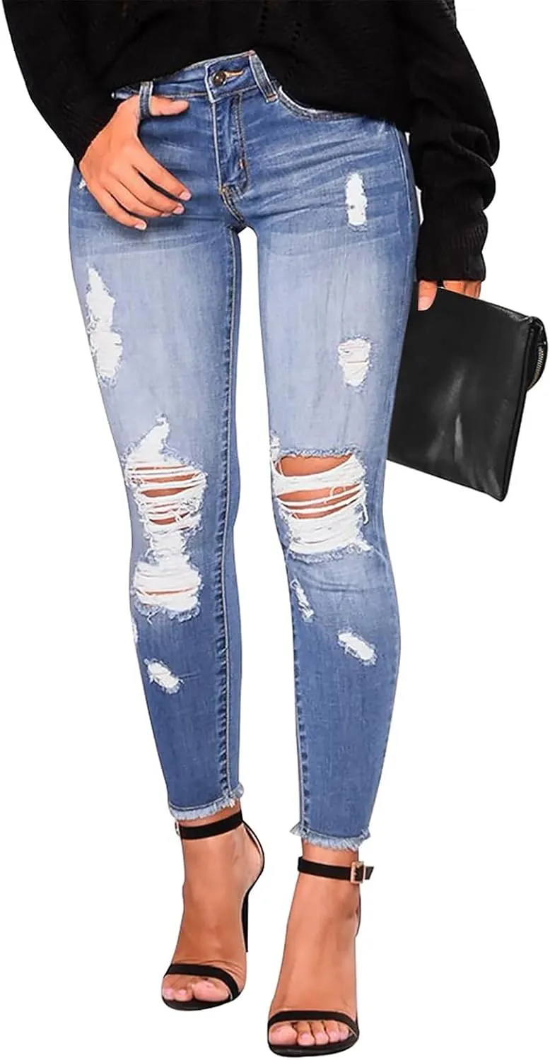 Gumipy Ripped Jeans Womens Skinny Distressed Stretchy Jeans Trendy Button Up High Waisted Jeans Curvy Jeans with Pockets