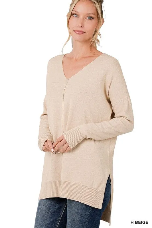 Hi-Low Hem V-Neck Center Seam Sweater *Online Only*