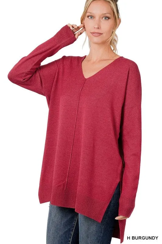 Hi-Low Hem V-Neck Center Seam Sweater *Online Only*