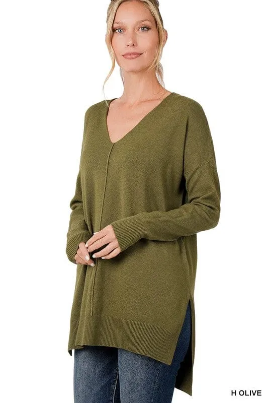 Hi-Low Hem V-Neck Center Seam Sweater *Online Only*