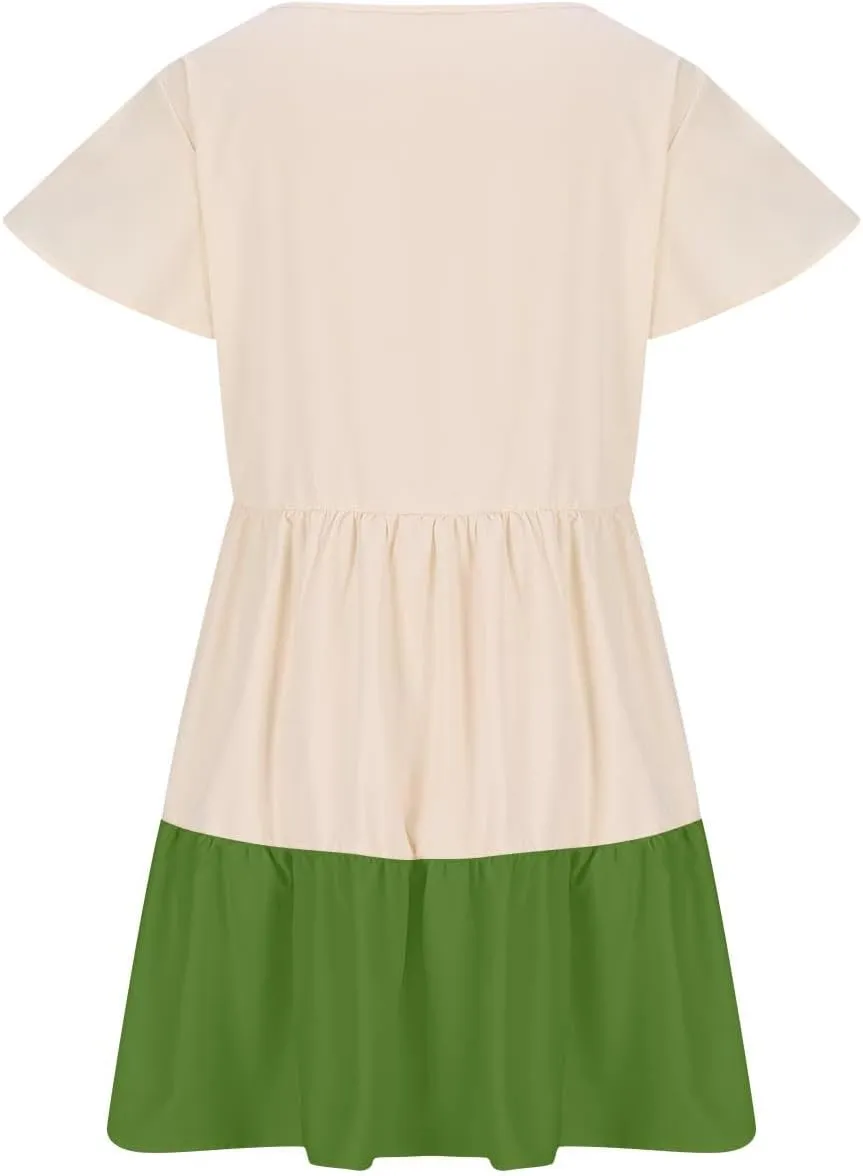 hlysgo Womens Summer Dresses 2024 Casual Frill Sleeve Keyhole Neck Mini Dress Color Block A-Line Flowy Pleated Beach Dress