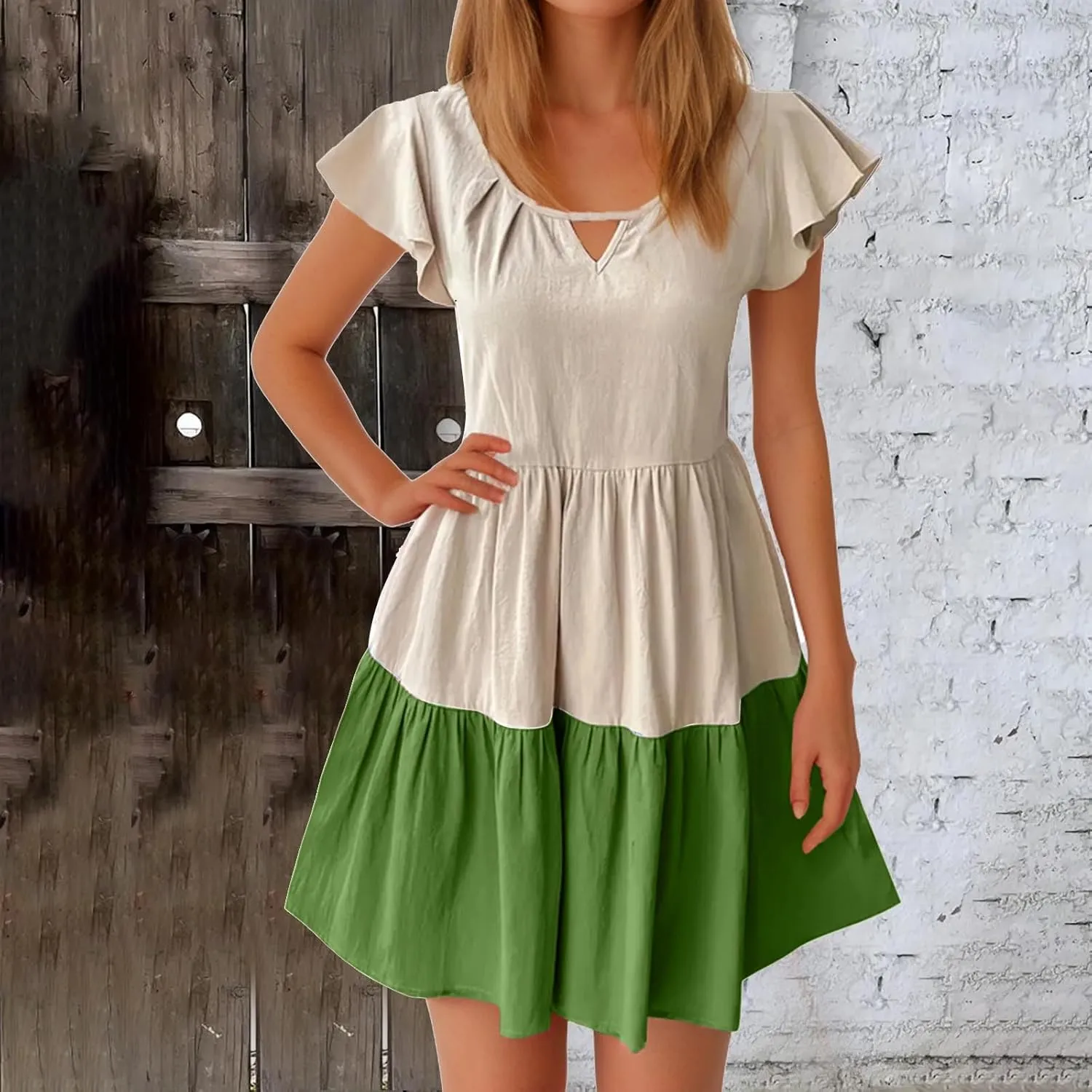 hlysgo Womens Summer Dresses 2024 Casual Frill Sleeve Keyhole Neck Mini Dress Color Block A-Line Flowy Pleated Beach Dress