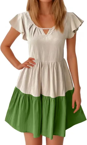 hlysgo Womens Summer Dresses 2024 Casual Frill Sleeve Keyhole Neck Mini Dress Color Block A-Line Flowy Pleated Beach Dress