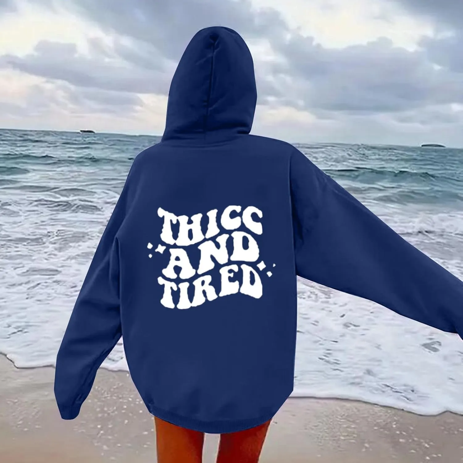 Hoodies Aesthetic Thicc and Tired Shape Printed Christian Pullover Hoodie with Pocket Drop Shoulder Loose Fit Fall Winter