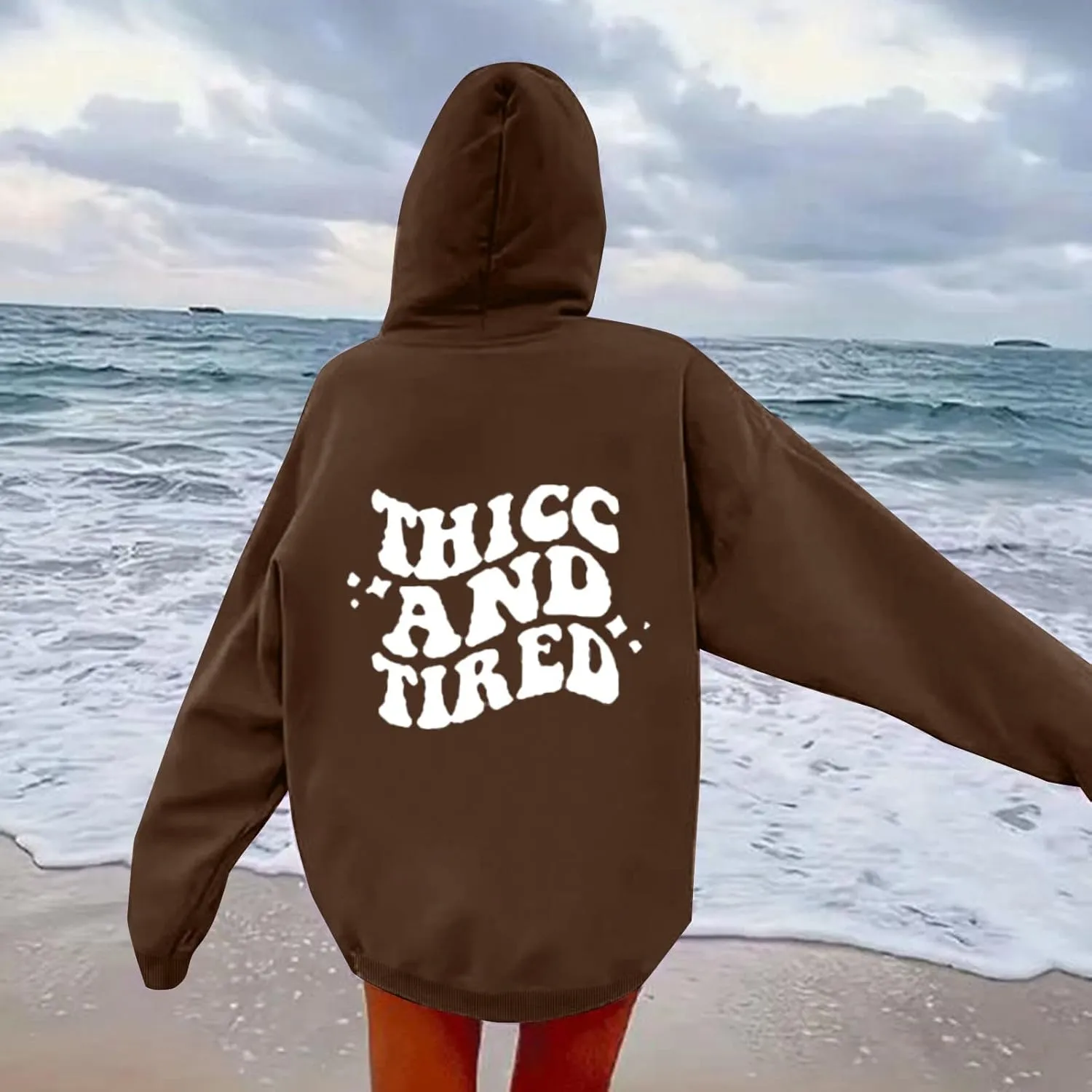Hoodies Aesthetic Thicc and Tired Shape Printed Christian Pullover Hoodie with Pocket Drop Shoulder Loose Fit Fall Winter