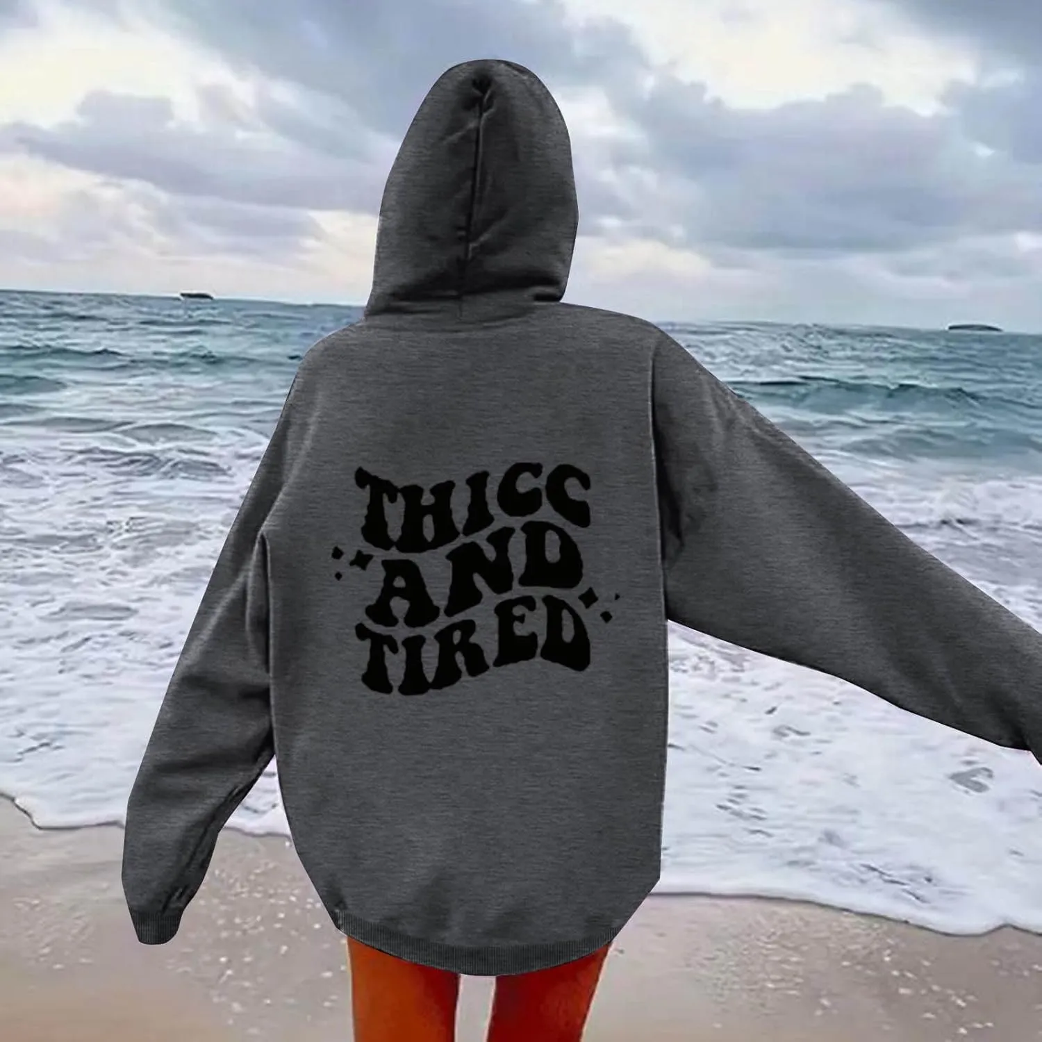 Hoodies Aesthetic Thicc and Tired Shape Printed Christian Pullover Hoodie with Pocket Drop Shoulder Loose Fit Fall Winter