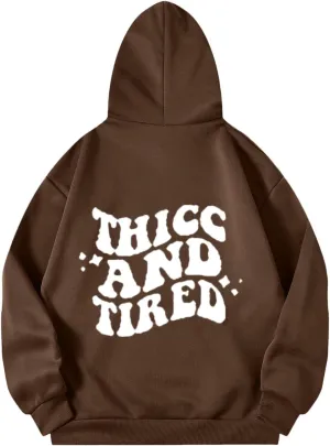 Hoodies Aesthetic Thicc and Tired Shape Printed Christian Pullover Hoodie with Pocket Drop Shoulder Loose Fit Fall Winter