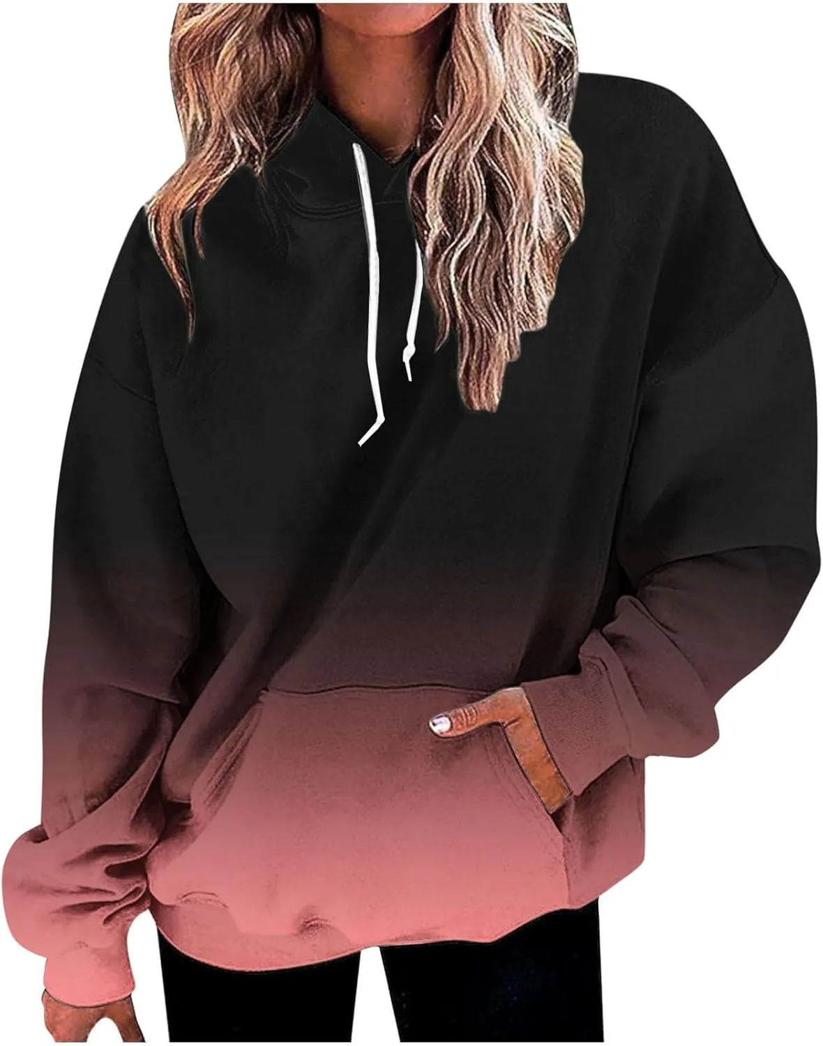 Hoodies For Women 2024 Causal Fall Fashion Oversized Hooded Sweatshirt Gradient Color Drawstring Pullover Hoodie