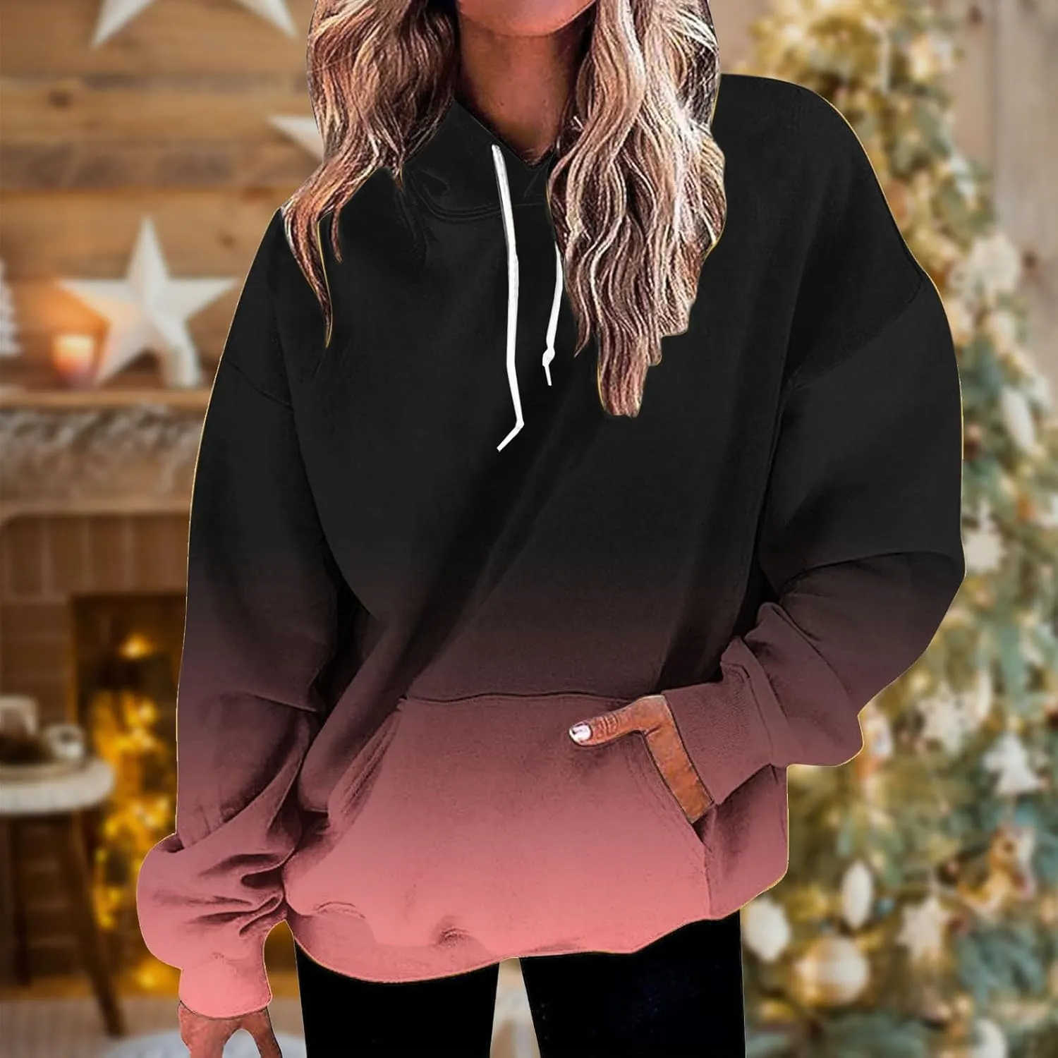 Hoodies For Women 2024 Causal Fall Fashion Oversized Hooded Sweatshirt Gradient Color Drawstring Pullover Hoodie