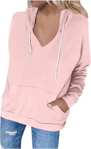 Hoodies For Women Casual Solid Color Long Sleeve v Neck Hooded Sweatshirt Loose Comfy Fall Fashion Pullover Tops 2024