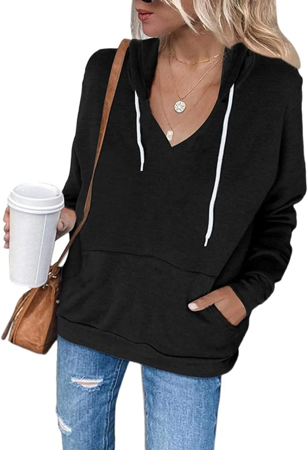 Hoodies For Women Casual Solid Color Long Sleeve v Neck Hooded Sweatshirt Loose Comfy Fall Fashion Pullover Tops 2024