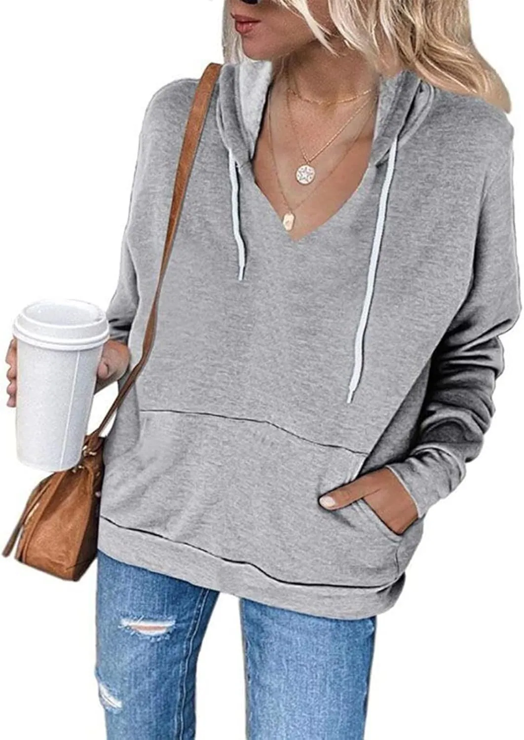 Hoodies For Women Casual Solid Color Long Sleeve v Neck Hooded Sweatshirt Loose Comfy Fall Fashion Pullover Tops 2024