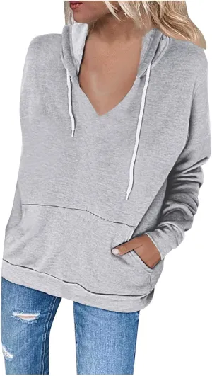 Hoodies For Women Casual Solid Color Long Sleeve v Neck Hooded Sweatshirt Loose Comfy Fall Fashion Pullover Tops 2024