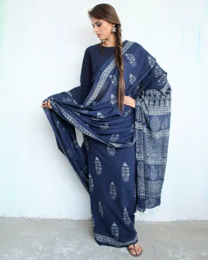 Indigo Bouquet Hand Blockprinted Cotton Saree