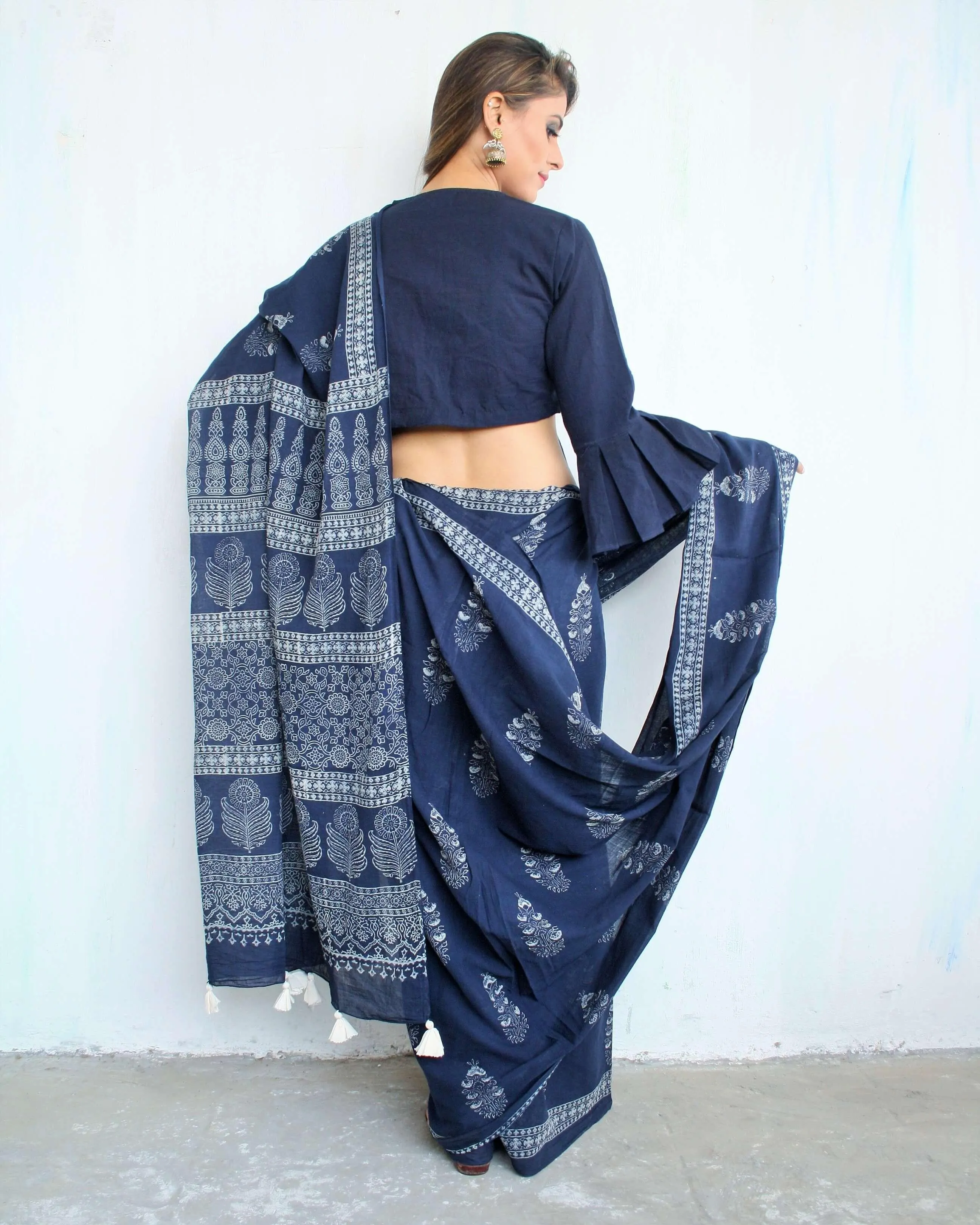 Indigo Bouquet Hand Blockprinted Cotton Saree