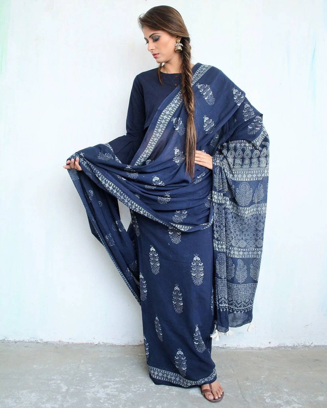 Indigo Bouquet Hand Blockprinted Cotton Saree