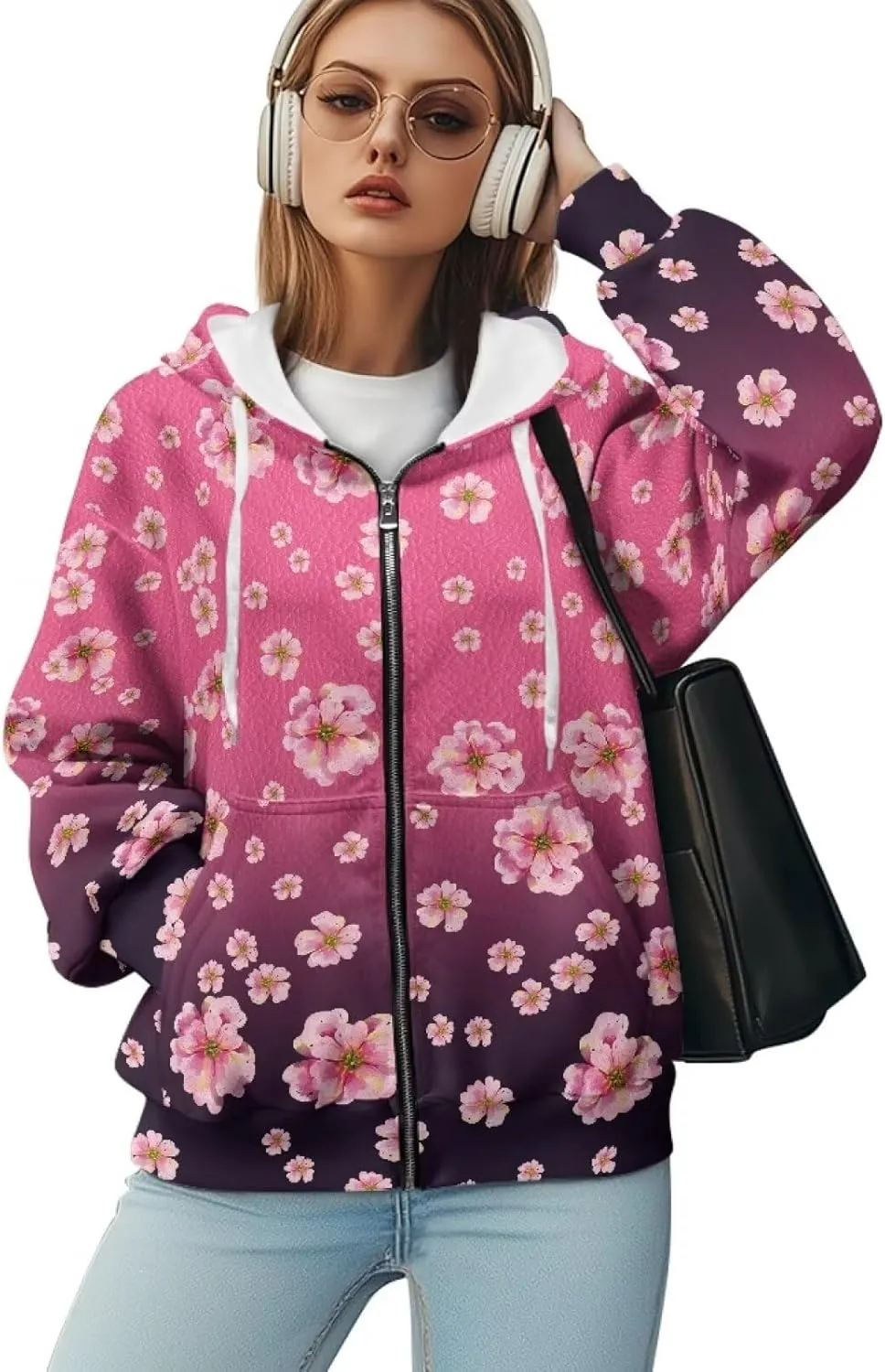 JEOCODY Zip Up Hoodie Women Oversized Hoodie Casual Long Sleeve Graphic Jackets with Pockets Zipper Drawstring