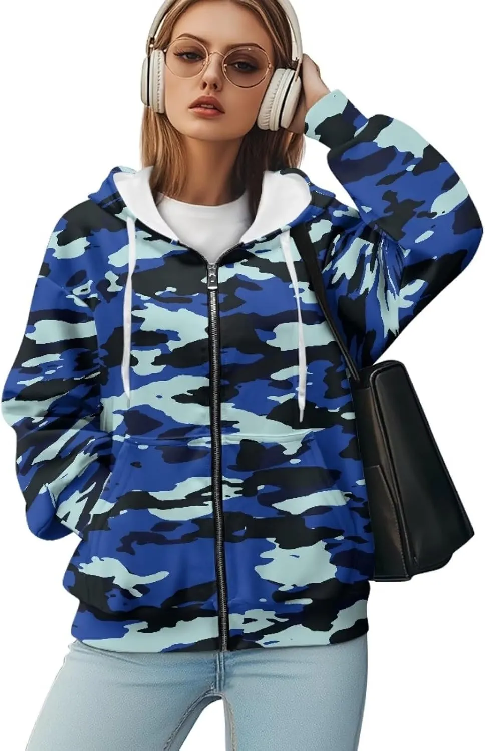 JEOCODY Zip Up Hoodie Women Oversized Hoodie Casual Long Sleeve Graphic Jackets with Pockets Zipper Drawstring