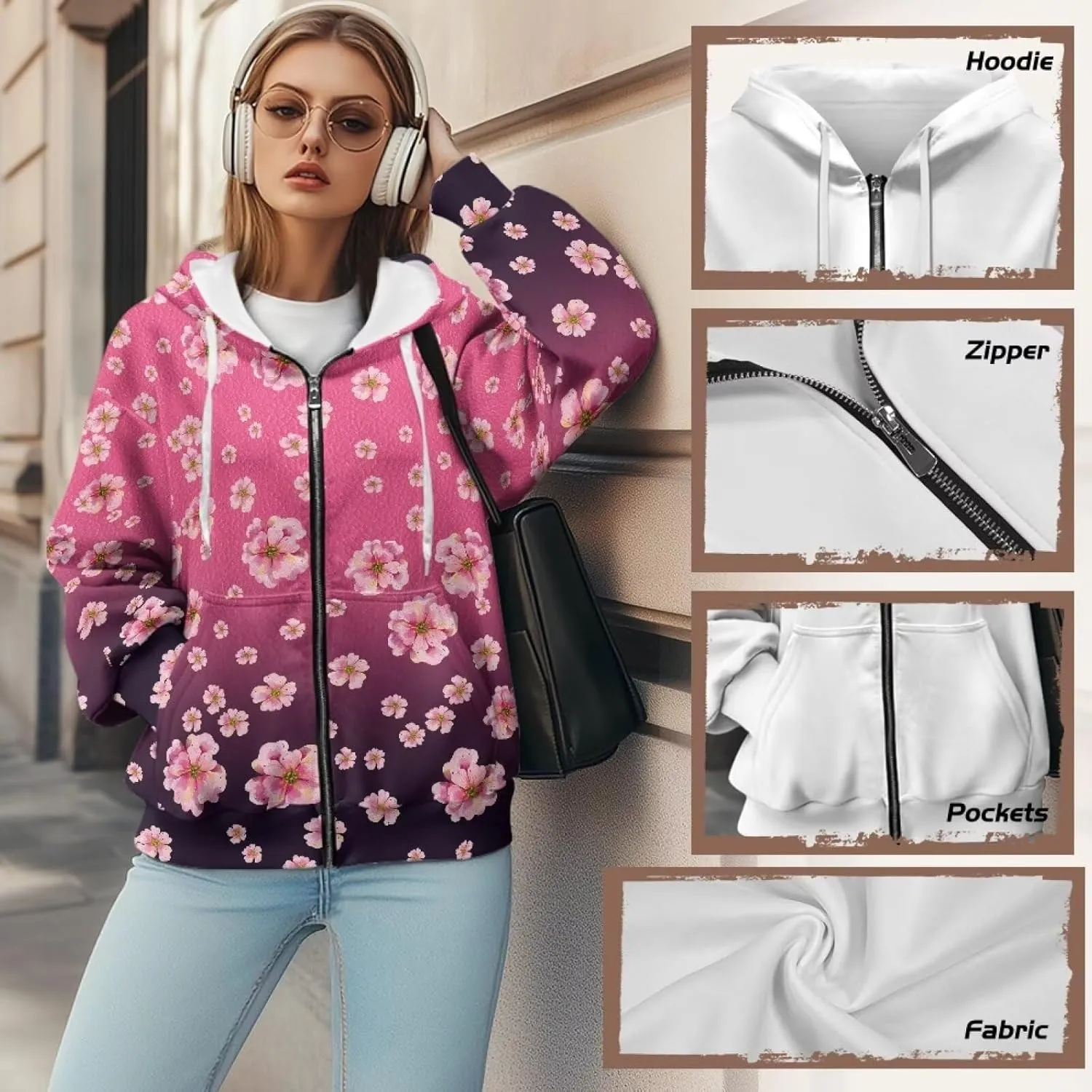 JEOCODY Zip Up Hoodie Women Oversized Hoodie Casual Long Sleeve Graphic Jackets with Pockets Zipper Drawstring