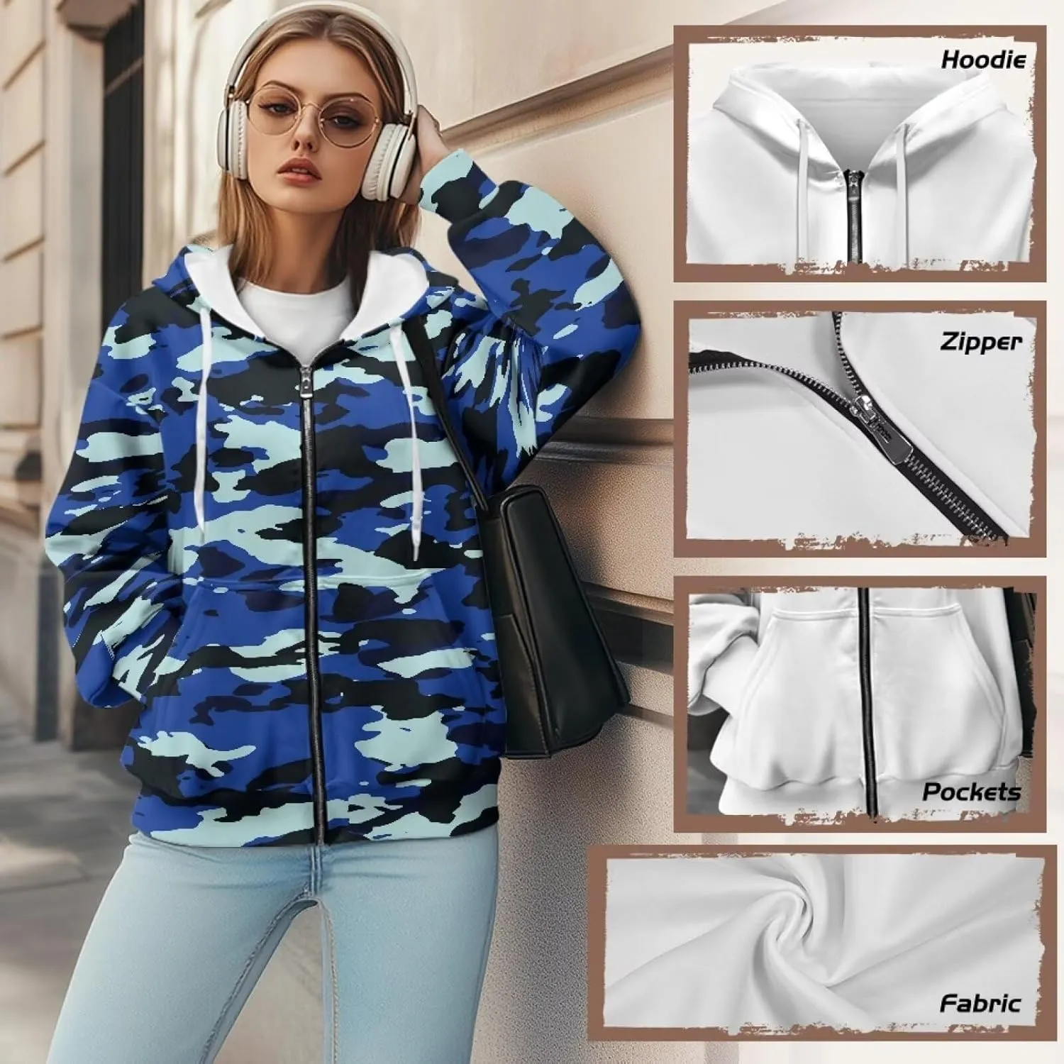 JEOCODY Zip Up Hoodie Women Oversized Hoodie Casual Long Sleeve Graphic Jackets with Pockets Zipper Drawstring