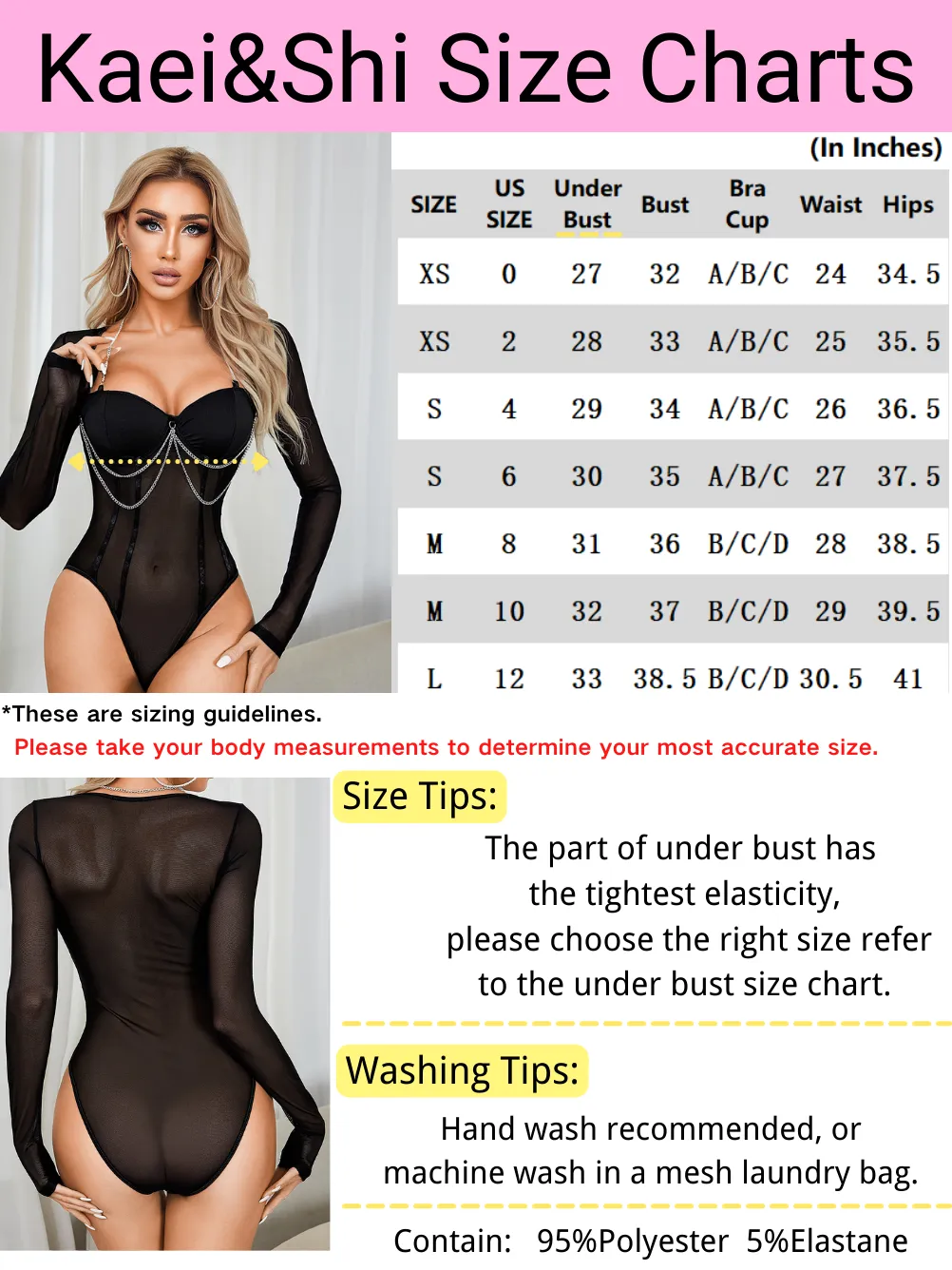 Kaei&Shi Mesh Chain Bodysuit Top, Underwire LongSleeve, Sexy Going Out Party
