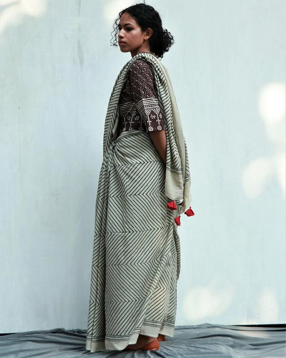 Kaleidoscope Hand Blockprinted Cotton Saree - Fmtm