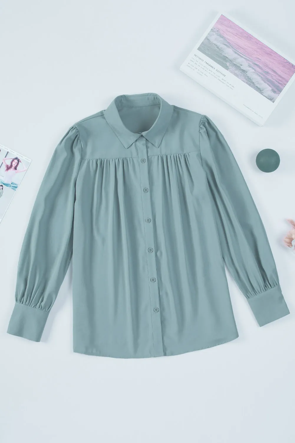 Khaki Solid Button-up Loose Long Sleeve Shirt